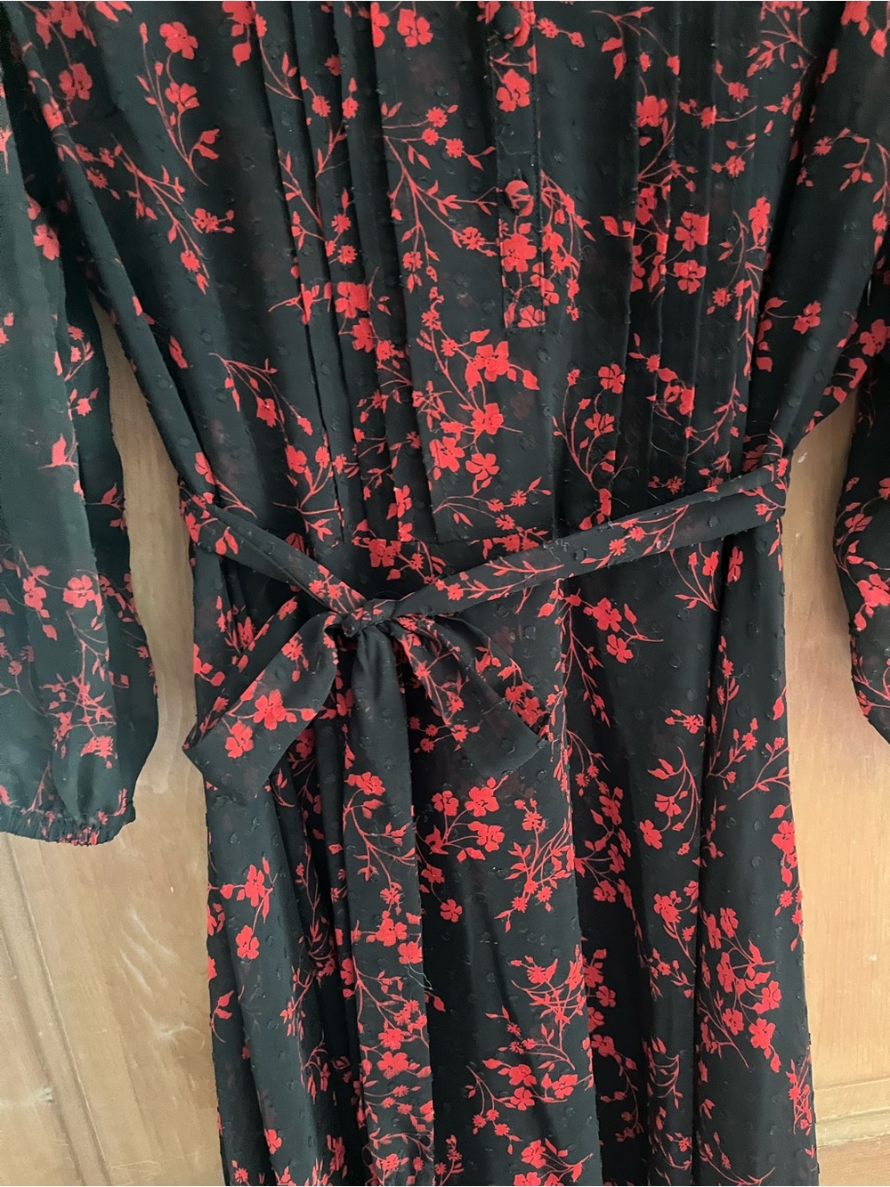 Nanette Lepore Black Midi Dress with Red Floral Print and Waist Tie